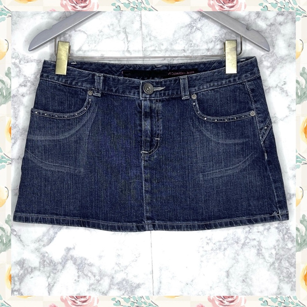 Calvin Klein Y2K Dark Wash Denim Mini Skirt Crystal Embellished Juniors 9